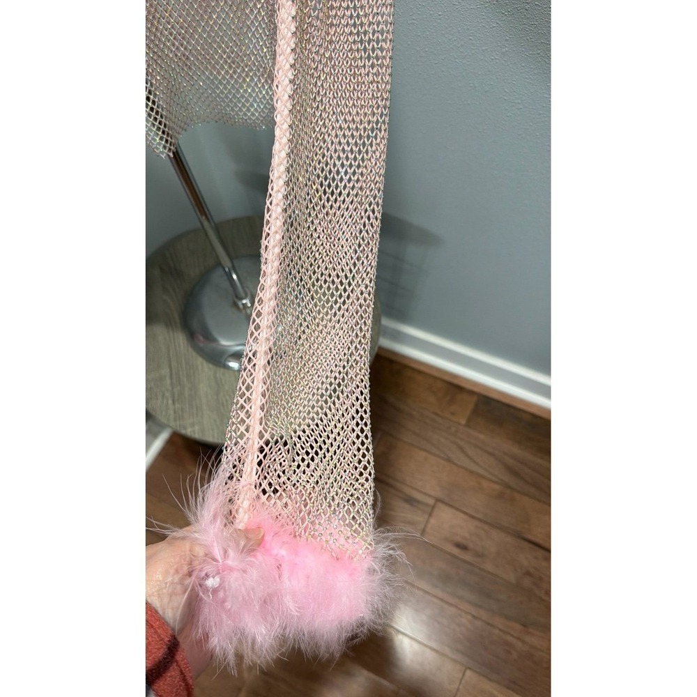 Pink Sparkly Mesh Top Long Sleeve with Feather Cuffs - Picture 4 of 4